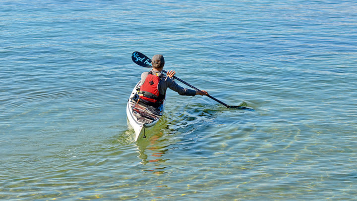 Um leichter die Balance zu halten, kann beim Bogenschlag das Paddel beim Zurückführen auf der Wasseroberfläche aufgestützt werden.